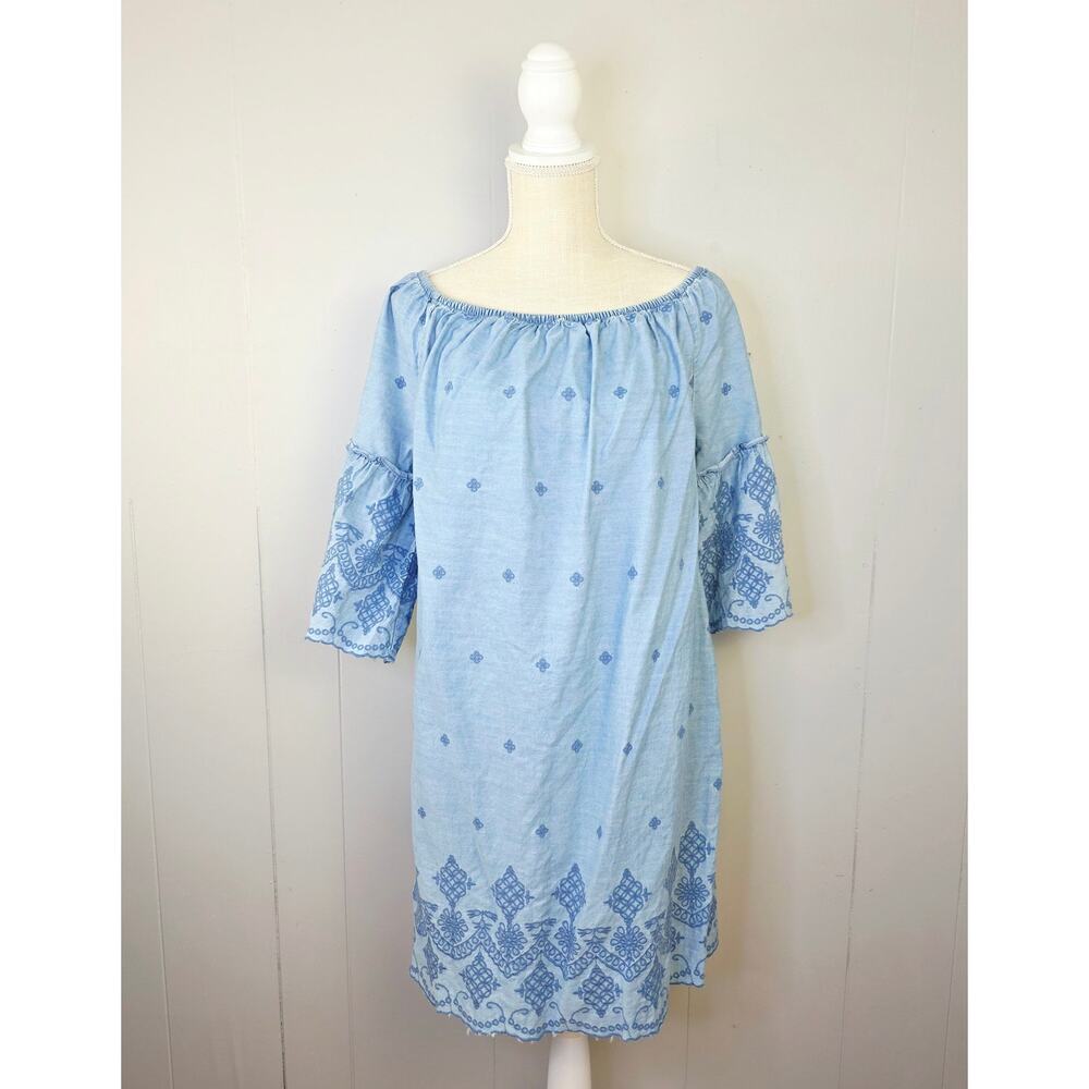 St. John’s Bay Dress Large Blue Embroidered Bell Sleeve Boho Peasant Coastal - Picture 2 of 12